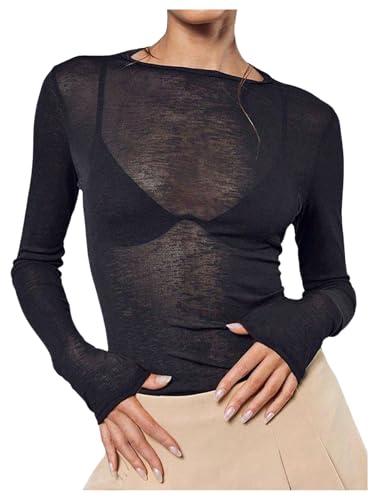 RoseSeek Women's Sheer Mesh Long Sleeve T Shirts Boat Neck Slim Fit Tee Tops Going Out See Through Shirts Black Medium