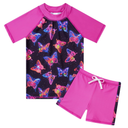 Lovekider Girls Two-Piece Swimsuits with Shorts Shirt Summer Neon Butterflies Boyshort Rashguard Bathing Suit UPF 50+ UV Liner Quick Dry Swimwear, 5-6 