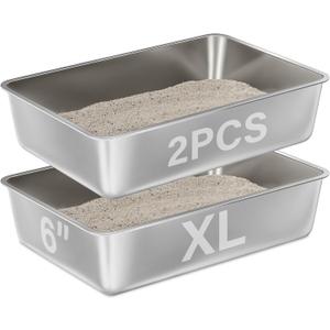 Stainless Steel Cat Litter Box 2 Pack,XL Metal Litter Box for Big Cats, Cat LitterBox Metal Pet Toilet Easy to Clean,High Sided Litters Boxes Adult Big Cats,Non Stick, No Smell,23.6"x15.8"x6"