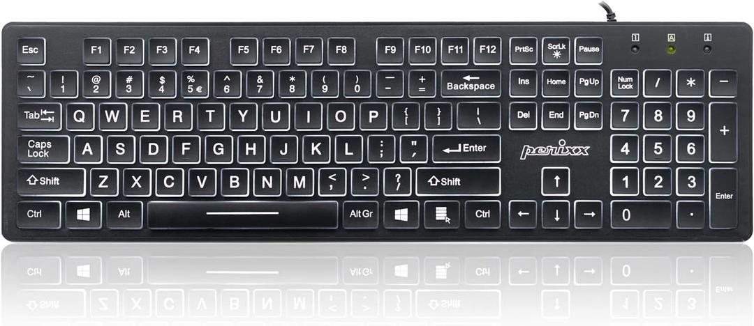 Perixx PERIBOARD-317 Wired Backlit USB Keyboard, Big Print Letter with White Illuminated LED, US English Layout, Black