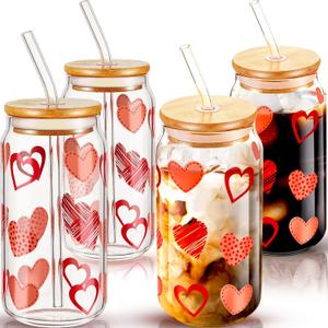 Suclain 4 Pcs Valentines Day Glass Cups with Bamboo Lids and Straws Beer Can Drinking Glasses Set Decorative Heart Iced Coffee Cup Tumbler Clear Drinking Jars Gift for Valentines Day (16 oz) (16 oz)