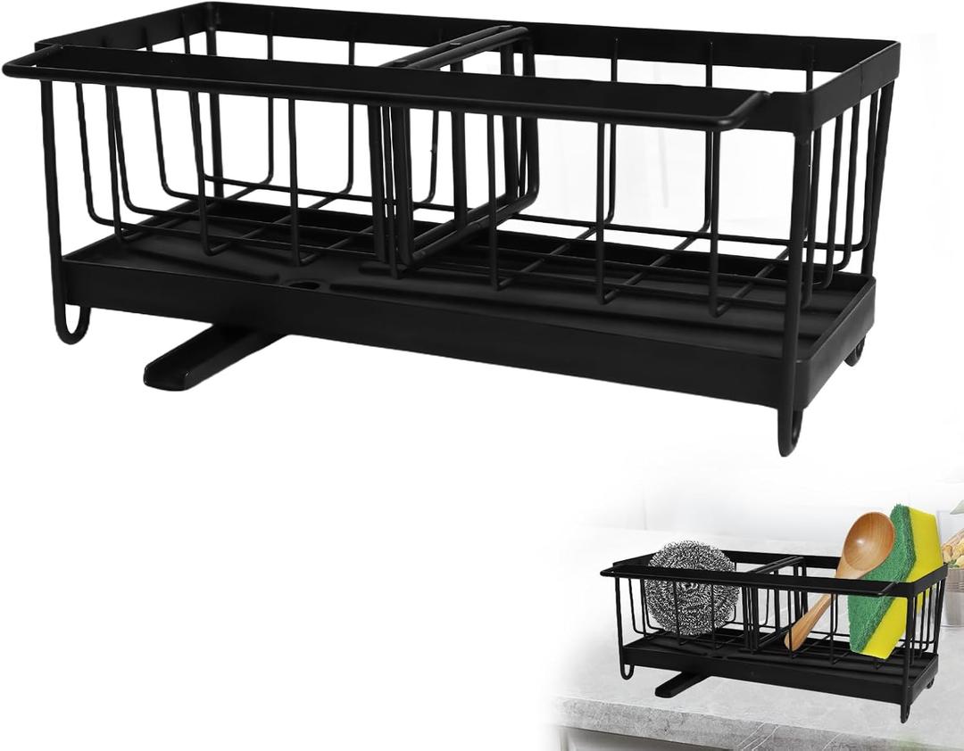 Kitchen Sink Caddy,Kitchen Sink-Organizers,Kitchen Organization and Storage Appliances,Self-Draining Sponge-Holder,Kitchen Counter Sink Accessories (Black)