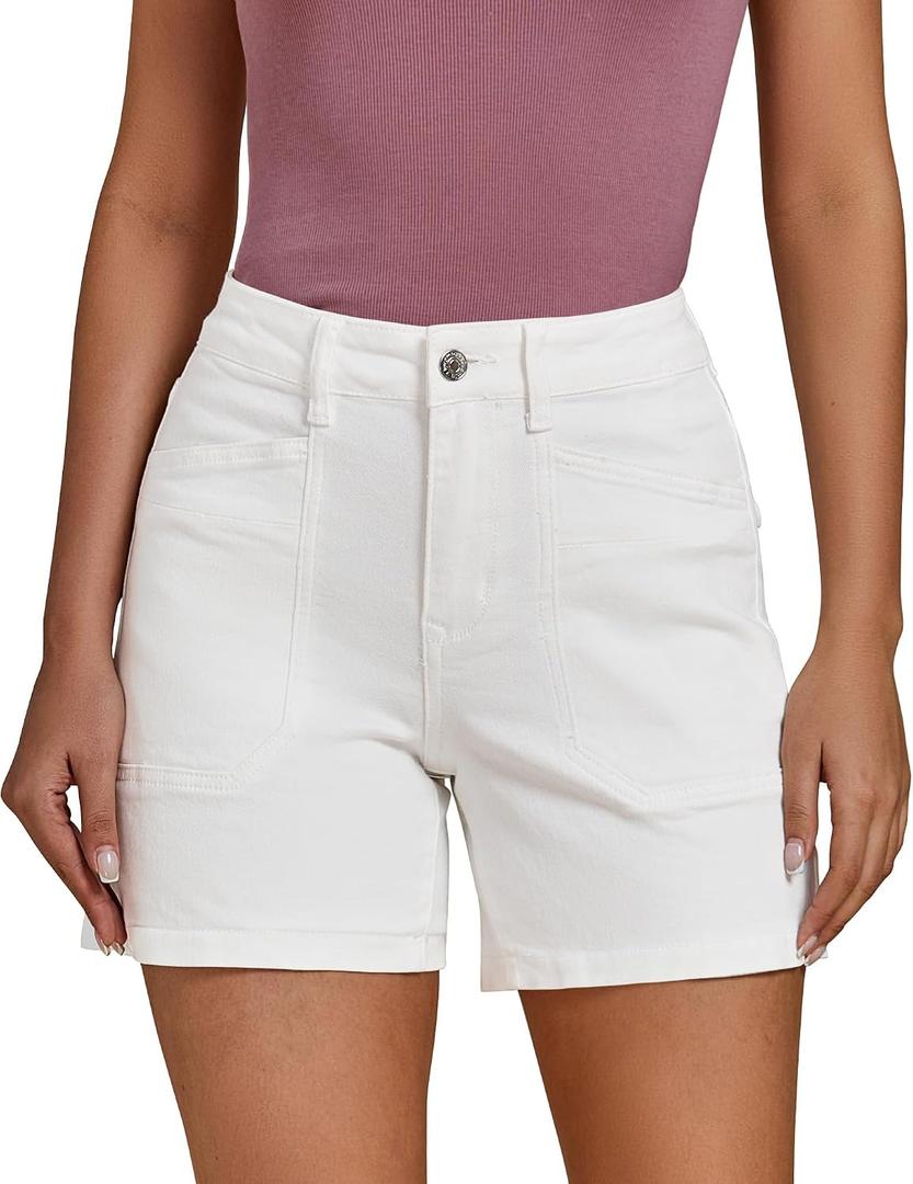luvamia Jean Shorts for Women Trendy Mid Rise Casual Summer Jorts Distressed Cut Off Stretchy Denim Shorts with Pockets (White, L)