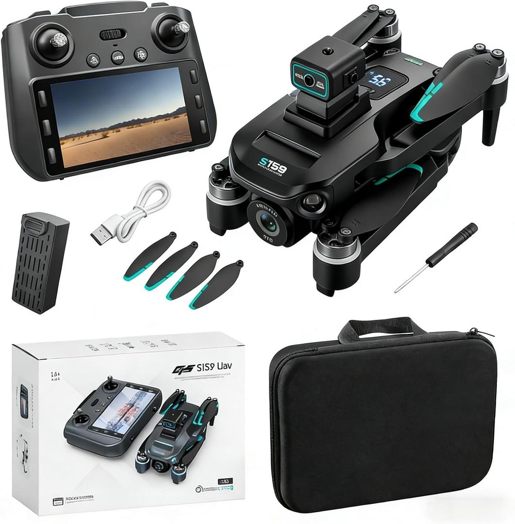 ikaufen S159 Drone with Built-in 5.9in screen control, GPS positioning, brushless motor, optical flow positioning, ESC camera, obstacle avoidance function, body tips power consumption+2 Battery(S159 screen control+ 2 Battery Black)