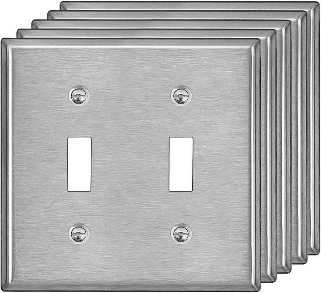 BESTTEN 2 Gang Toggle Switch Stainless Steel Wall Plate with Ｗhite or Clear Plastic Film, Standard Metal Light Switch Covers, Durable Corrosion Resistant, Industrial Grade, Brushed Finish, 5 Pack