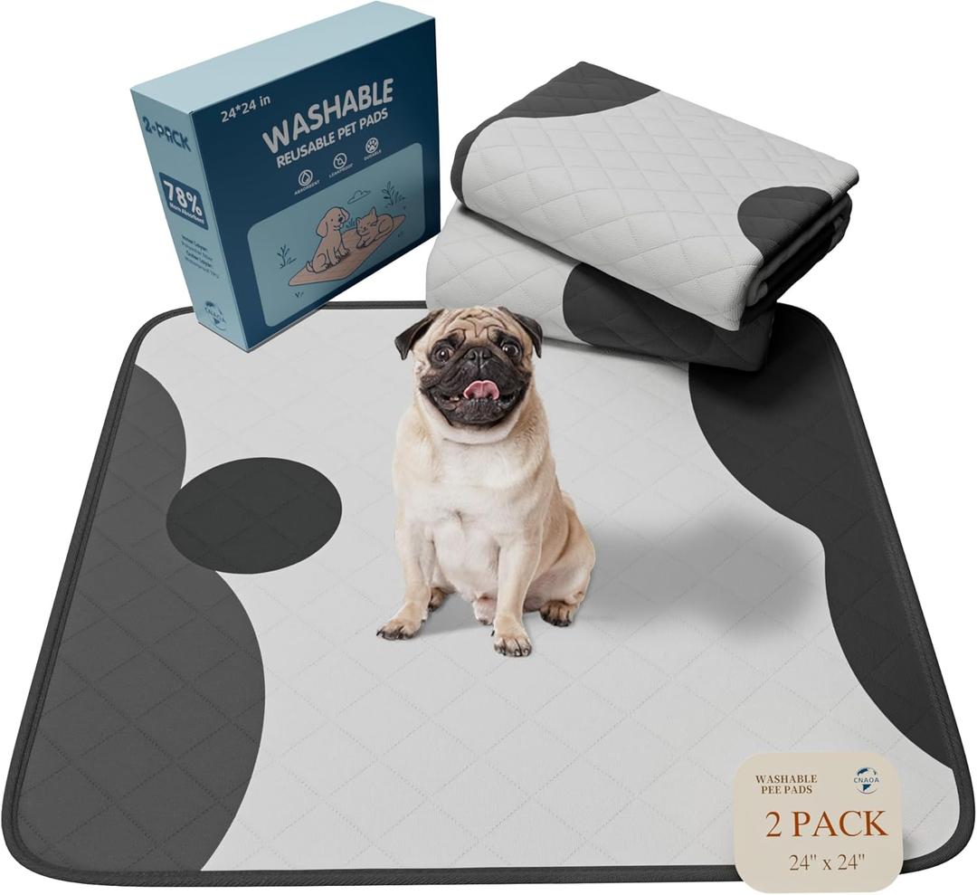 CNAOA Washable Pee Pads for Dogs 2 Pack 24x24 in - 5 Layer Reusable Puppy Pads, Super Absorbent, Waterproof, Leak Proof Non-Slip Training and Whelping Pet Pee Pads for Crate, Playpen, Potty