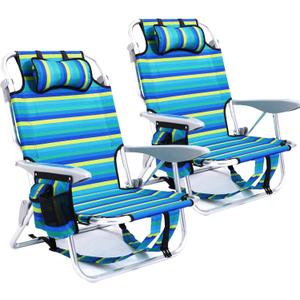 2 Pack Lightweight Portable Camping Beach Chair for Adults, Outdoor Lay Flat Folding Beach Chairs with 5 Positions, Backpack Beach Chair with Towel Bar, Zipper Pouch, Cup Holder, Ocean Striped
