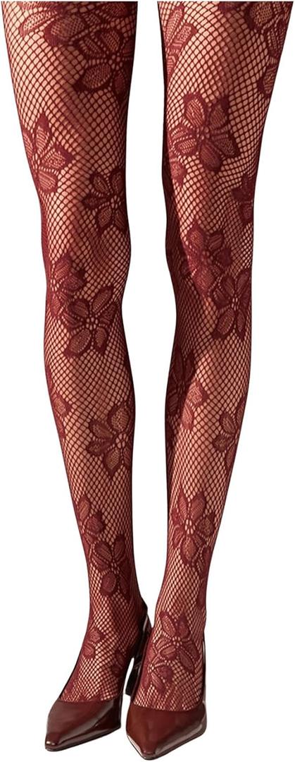 Milumia Women's Floral Lace Fishnet Tights Rose Pattern Sheer Mesh Pantyhose Stockings (All Burgundy)