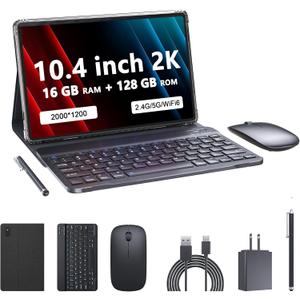 Tablet with Keyboard and Case, Android 13.0 10.4 Inch, 16GB RAM+128GB ROM, 2000 * 1200 2K FHD Display, Powerful 2.0Ghz CPU, 2.4G and 5G and WiFi 6, Bluetooth 5.0, 2 in 1 Tab, Black
