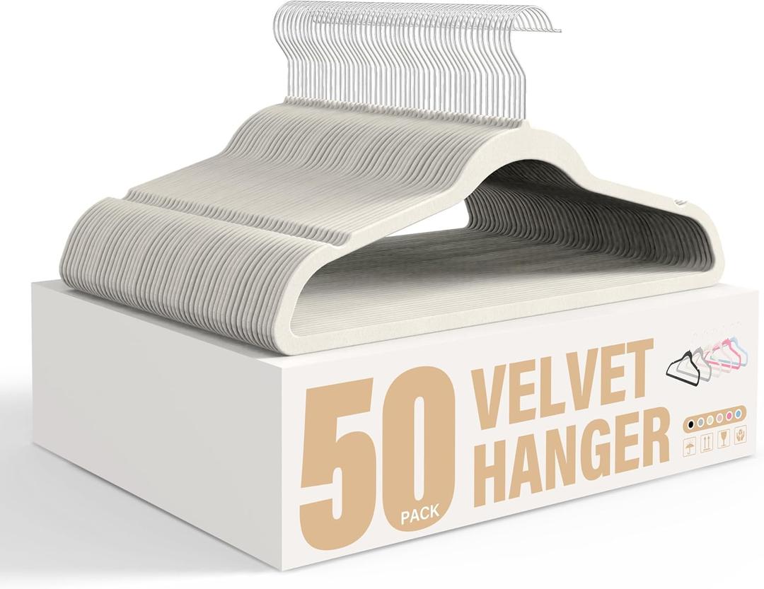 Simple Deluxe Velvet Hangers 50 Pack, Non-Slip Clothes Hangers with Shoulder Notches, 360 Swivel Hooks, Heavy Duty Coat Suit Hangers for Closet Space Saving, White