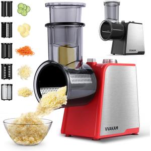 5-In-1 Electric Cheese Grater,300W Salad Maker,Electric Grater for Block Cheese,Kitchen Electric Food Slicer Shredder,Chopper for Vegetables Cucumber Carrots Cabbage Nuts(Red)