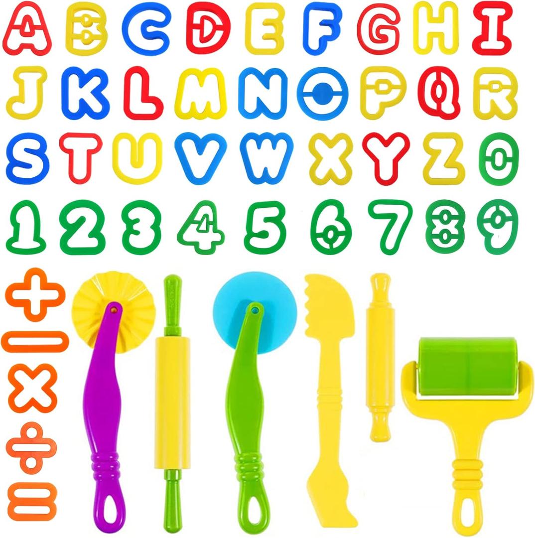 Dough Tools 47 PCS Dough Play Tools Set for Kids, Plastic Alphabet Numbers Cutters, Rollers, Rolling Pins (Multicolored)