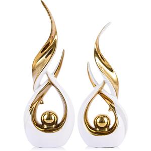 Gold Ceramic Abstract 2 Piece Statue Set,Mid Century Modern Abstract Art Home Decor Statue Mantelpiece on Unique Shelf Decor, TV Cabinet Divider Table top and Dining Table Centerpiece (White Gold)