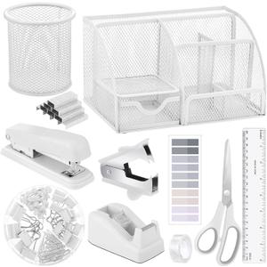 11 in 1 Desk Organizers and Accessories - White Office Supplies - Includes White Stapler, Tape Dispenser, Pen Holder, Staple Remover, Clips, Ruler, Scissors, Tapes, Tabs