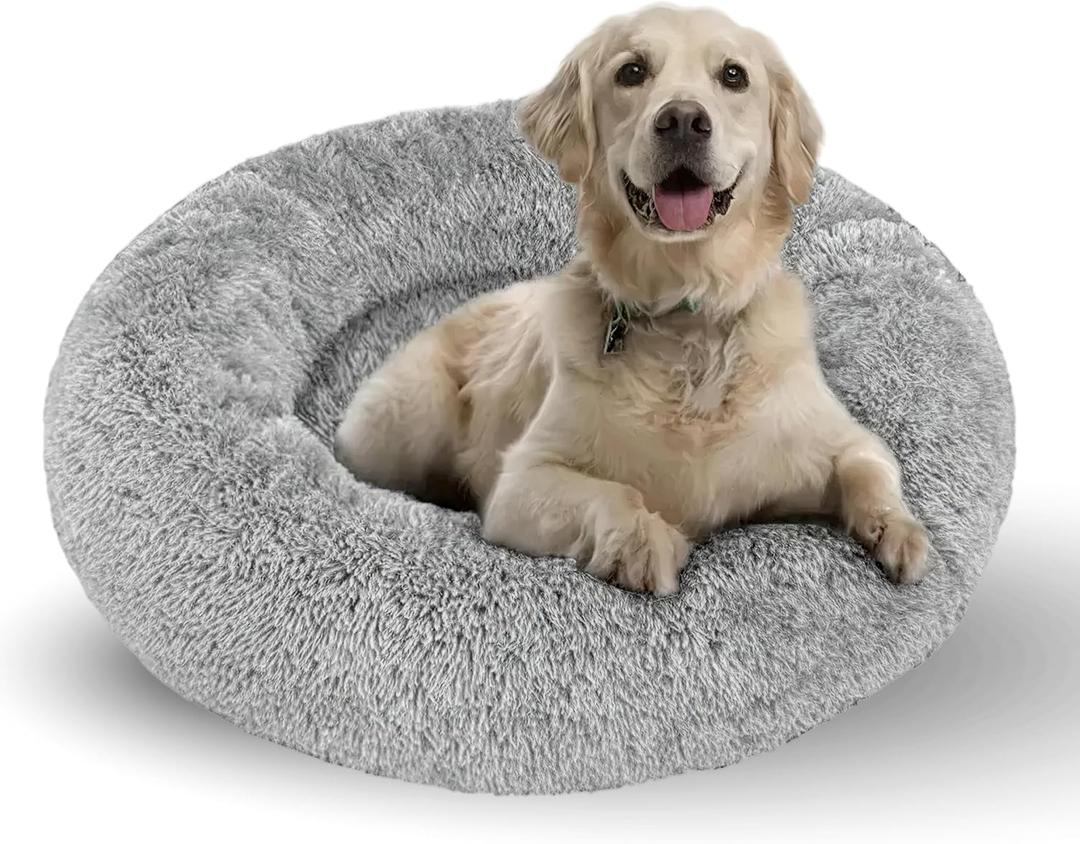 Active Pets Calming Plush Dog Bed Donut Joint Support Anxiety Relief Washable Pet Bed with Removable Cover for Dogs Cats, Large 36", Light Grey