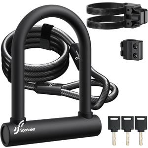 Sportneer Bike U Lock: 18mm Shackle Heavy Duty Bike Lock with 6ft Security Steel Cable - Bicycle U-Locks with Keys and Sturdy Mounting Bracket for Road Mountain Bike Bicycle, Size 7.87''x6.3''