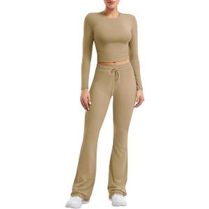 YEOREO Two Piece Sets for Women Long Sleeve Tops Lounge Set Drawstring Wide Leg Pants Ava Matching Khaki L