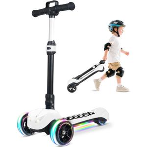 Electric Scooter for Kids Ages 3-12, Full Body Lights Up, Wide Deck, 3 Adjustable Heights, 5MPH Safe Speed, 90min Riding, Foldable 3 Wheel Electric Scooter for Kids Boys Girls (White)