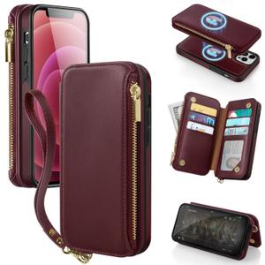 Antsturdy 2 in 1 Detachable for iPhone 15 Pro Max Wallet case with Magsafe,RFID Blocking Magnetic Wireless Charging PU Leather Phone case Flip Folio Cover Card Holder Wrist Strap Women Men,Wine Red