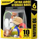 BURVAGY 6Pack Extra Large Plastic Storage Bags 10 Gallons 24"x20"x7" Zero BPA Double Zipper Seal 4 Mils Thick Double Layer Carry Handle Resealable Moving Seasonal Travel Clothes