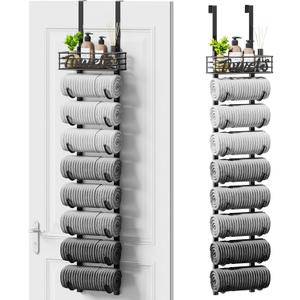 SWTYMIKI Hanging Towel Racks for Bathroom - 9 Tier Over the Door & Wall Mounted Bath Rolled Towel Storage Organizer Holder for Small Bathroom, RV, Camper, Black (Patented)