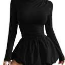 GORGLITTER Women's Long Sleeve Bubble Mini Dresses Elegant Classy Mock Neck Y2k Fall Cocktail Brunch Date Night Dresses (Black Petite)