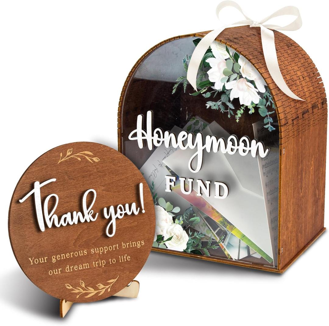 Honeymoon Fund Box Wedding - Wooden Wedding Box, Rustic Marriage Decor For Reception, Honey Moon Fund Money Boxes, Birthday, Graduation, Baby Shower and Bridal Showers