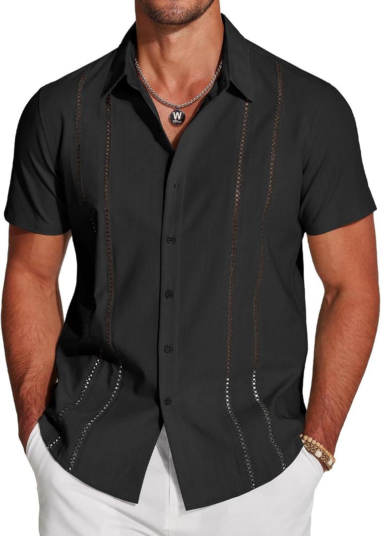 COOFANDY Men's Cuban Guayabera Shirt Short Sleeve Button Down Shirts Casual Summer Beach Linen Shirts (Black)