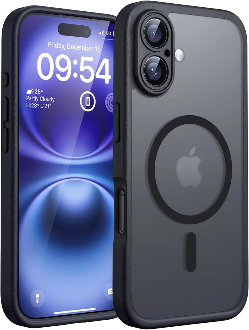TOCOL for iPhone 16 Case, Compatible with MagSafe, Black | Built-in Magnets, Full Camera & Military-Grade Protection, Anti-Slip Shockproof Translucent Matte Back Phone Cover