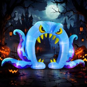 DomKom Halloween Inflatable Blow Up Decorations, 16FT Long 8FT Tall Blue Monster Octopus Archway, Built-in LEDs for Holiday Party, Garden, Lawn, Yard, Patio Dcor