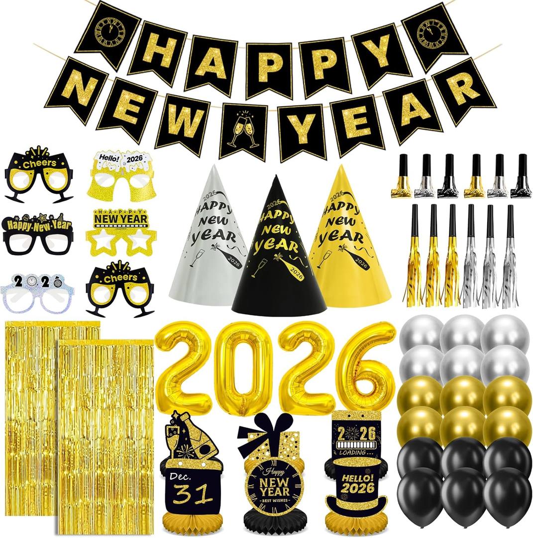 New Years Eve Party Supplies 2026 for 12, New Years Eve Party Decorations, 6 Hat, 6 Glasses, 12 blowouts, 6 Table Centerpiece, 2 Foil Fringe Curtains, 18 Balloons, Great NYE Decorations Pack