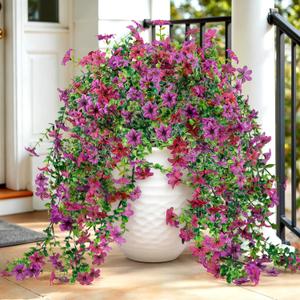 QCQHDU Artificial Hanging Flowers for Outdoors,2Pcs Fake Hanging Plants 29.5 Inch Long for Spring Summer Decoration,UV Resistant Faux Flowers for Patio Porch Garden Yard Decor, Light Purple Red