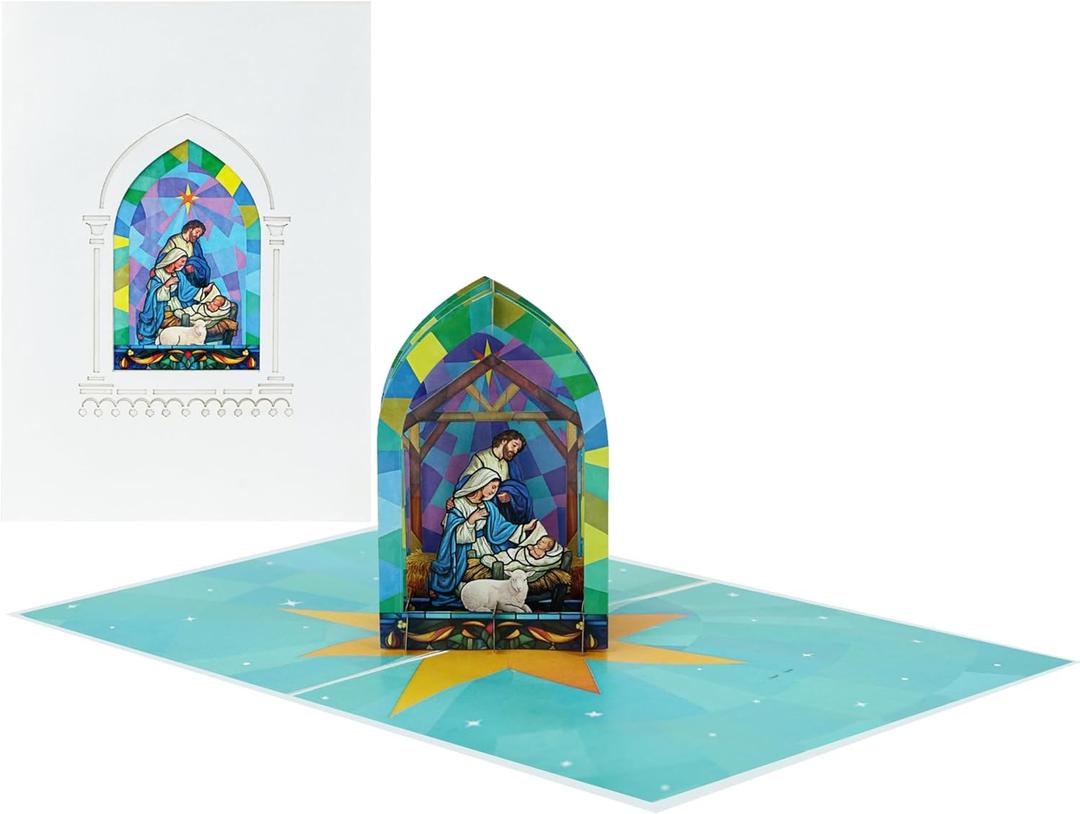 2 x Nativity Stained Glass Merry Christmas Cards 2025, Pop Up Christmas Cards w Envelope, 3D Xmas Card, Holiday Greeting Card Gifts for Her Him Wife Husband Family Son Mum Dad PQ