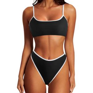 SUUKSESS Women High Waisted 2 Piece Bikini Set Cheeky High Cut Bandeau Swimsuit (Large,  Black White)