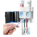 GFWARE Toothbrush Holder Toothpaste Dispenser Wall Mounted with Cover, 4 Slots Tooth Brush Storage Organizer with Automatic Kids Toothpaste Squeezers for Shower Bathroom Black