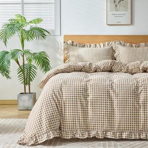 Gingham Duvet Cover Queen Size, 3 Pieces Soft Breathable Microfiber Plaid Comforter Cover with Zipper Closure & 2 Pillow Shams, Ruffle Farmhouse Vintage Decor, Taupe