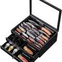 Large Knife Display Case, Large 3-Tier Wooden Pocket Knife Organizer with Glass Lid & Drawers, Storage Box for Folding Knife Collections, Ideal Men's Gift(Black)