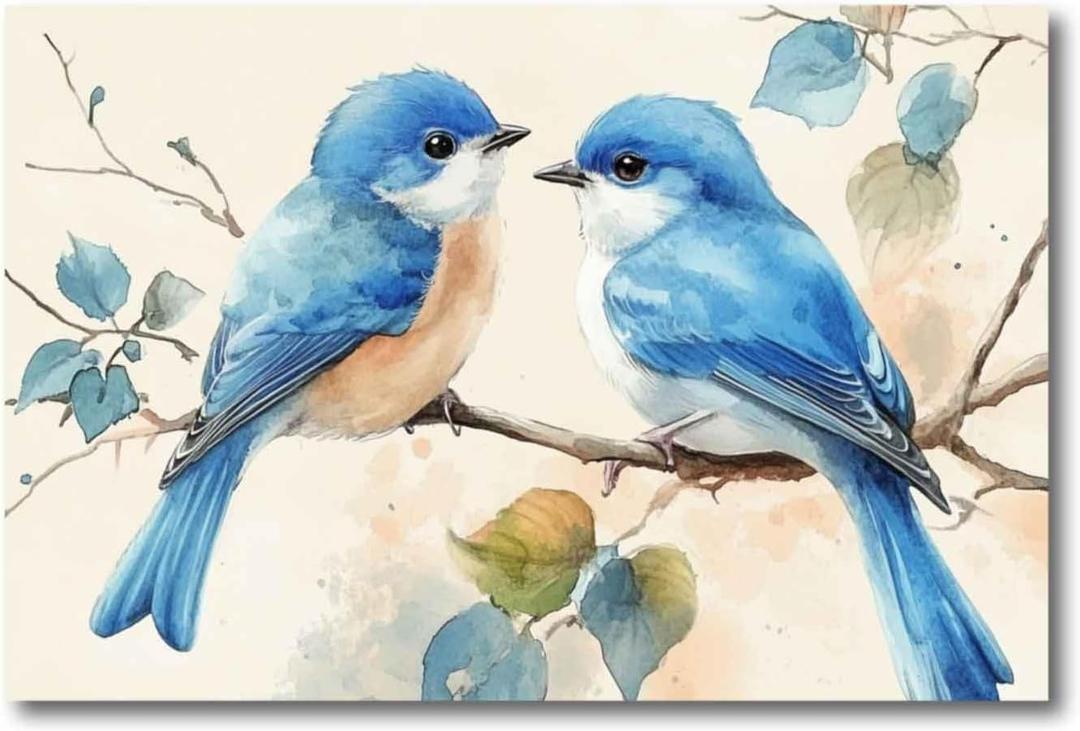 CHAOSETKEN Blue Bird Canvas Wall Art Love Birds Picture Two Couple Birds on Tree Branch Poster Prints Romantic Animals Couple Pictures Unframed (12L x 18W)
