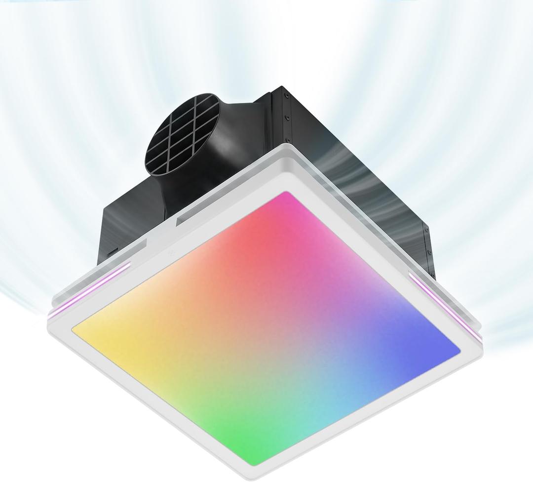 Zeyzer Bathroom Fan with Bluetooth Speaker & RGB Light, 11.8" Ceiling Exhaust Fan with Remote Control, 141 CFM, 1.0 Sone Quiet, 3.94" Duct, Adjustable White/Warm/Neutral Light, 12in