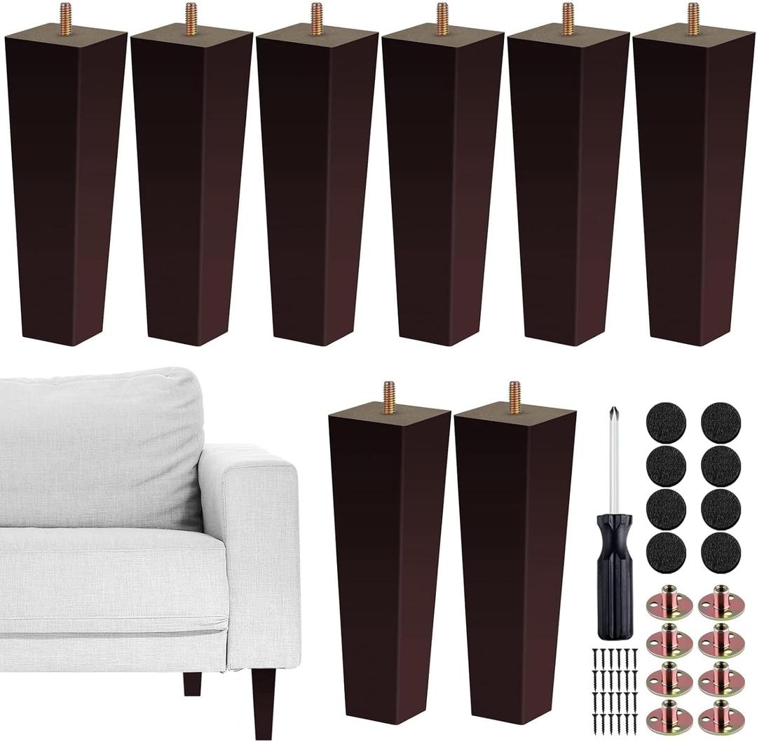 TURSTIN Set of 8 Furniture Legs 8 Inch Square Solid Wood Couch Legs Replacement Sofa Legs Mid Century Furniture Feet for Armchair Bed Dresser Cabinet Include Installation Hardware, Brown