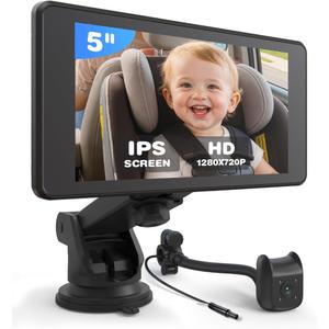 Baby Car Camera Monitor | 5" 1080P IPS Suction Cup Screen - 360 Rotation IR Night Vision 3X Zoom - USB Powered Headrest Mount for Baby Car Cam