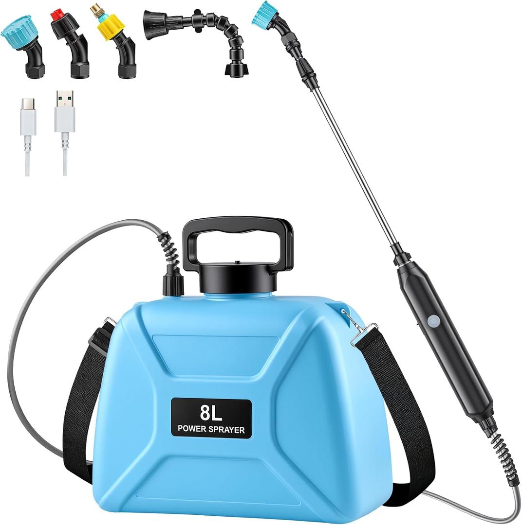 Battery Powered Sprayer 2 Gallon - Pump Sprayer Electric Garden Spray with 4 Nozzles Retractable Wand USB Weed Spraying for Lawn and Yard Plant Care