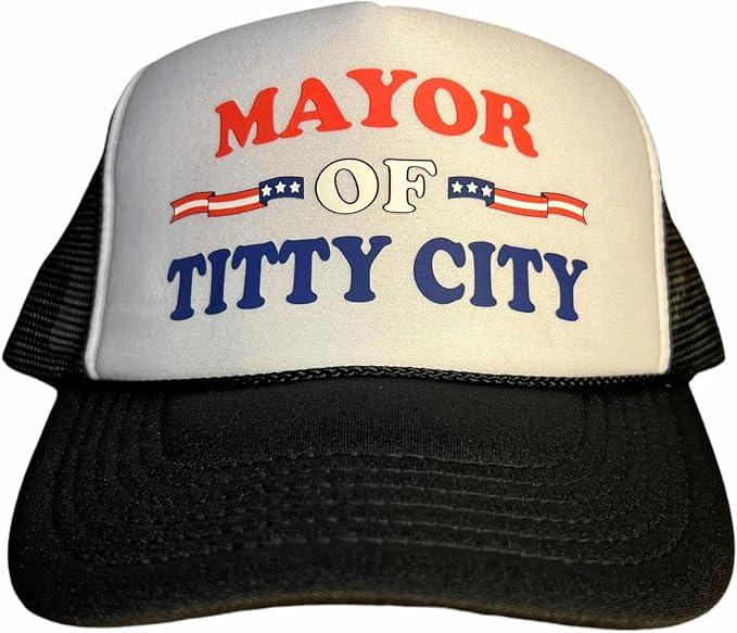 Mayor of Titty City Snapback Trucker Hat for Men or Women, Vintage Fit with Funny Novelty Graphic, Black/White
