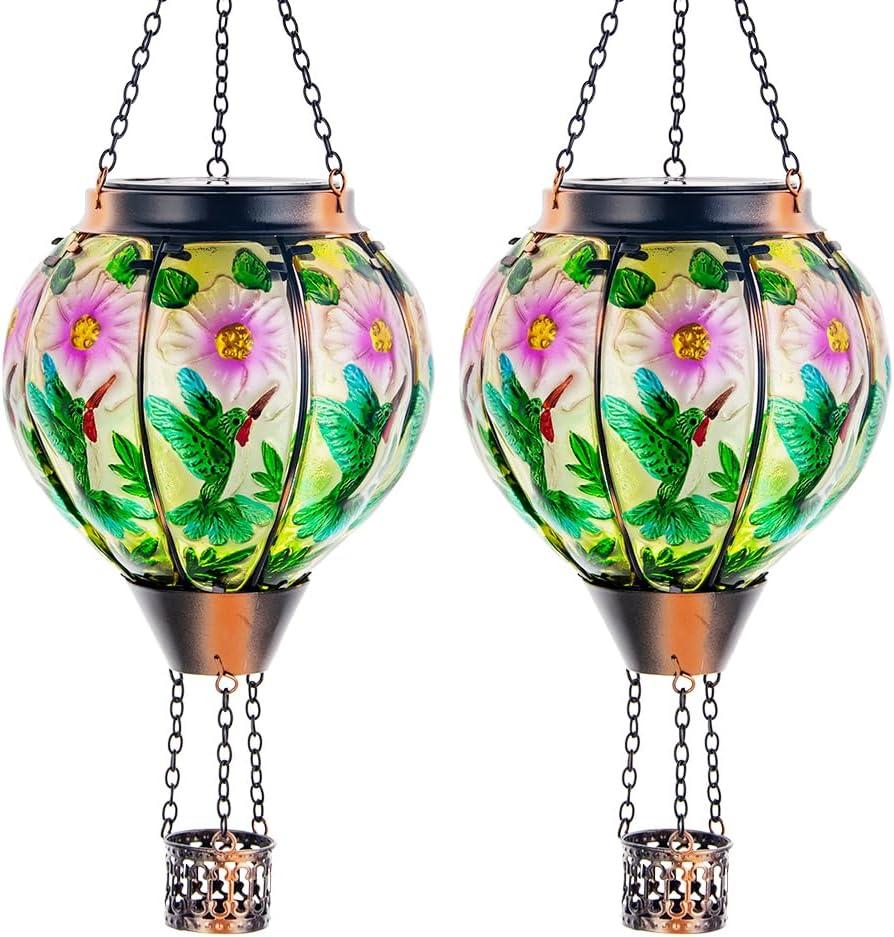 DREAMSOUL 2PCS Hummingbird Hot Air Balloon Solar Lantern, Hanging Glass Solar Lanterns Outdoor Waterproof for Garden Tree