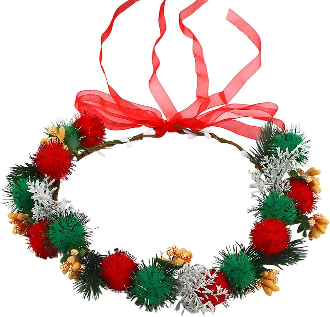 Christmas Flower Crown Headband, Christmas Floral Headpiece for Women Girls Xmas Winter Costume Holiday Party