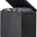 Keter City 30 Gallon Resin Outdoor Storage Box and Patio Furniture Side Table for Pool and Garden Accessories, Dark Grey