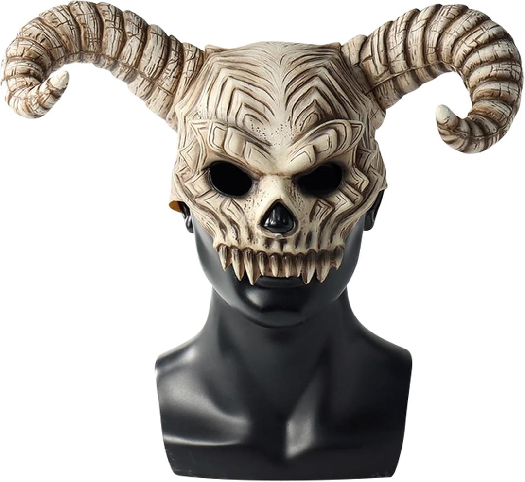 Kuberas Demon Skull Mask Devil Antelope Sheep Horn Full Head Mask Animal Skull Mask Ram Horns Scary Halloween Mask for Adult (One Size)