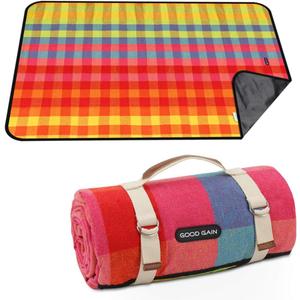 G GOOD GAIN Waterproof Picnic Blanket Portable with Carry Strap for Beach Mat or Family Outdoor Camping Party (red Plaid)