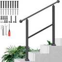 3-Step Outdoor Stair Handrail Kit, Heavy Duty Aluminum Alloy Adjustable Height with Powder Coated Black Metal Finish Complete Installation Hardware & Tools Included for Concrete Porch Deck Brick
