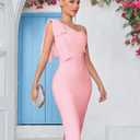 Mesh One Shoulder Bow Bodycon Midi Graduation Birthday Dinner Dress Bandage Party Dress (Medium)